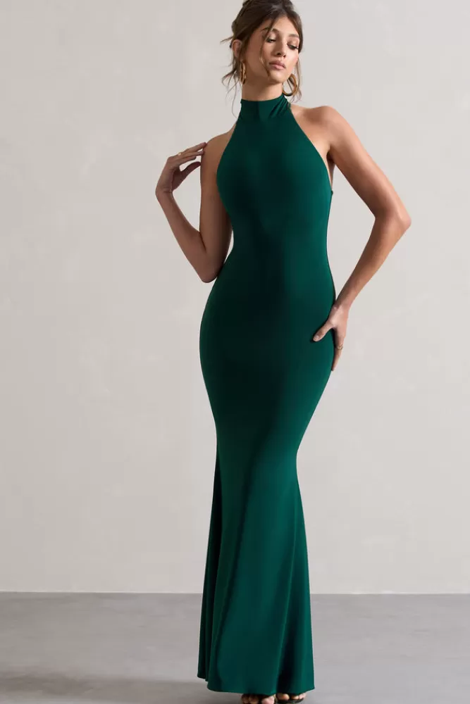 Club L London Colorado | Bottle Green High-Neck Fishtail Maxi Dress BOTTLEGREEN Hot