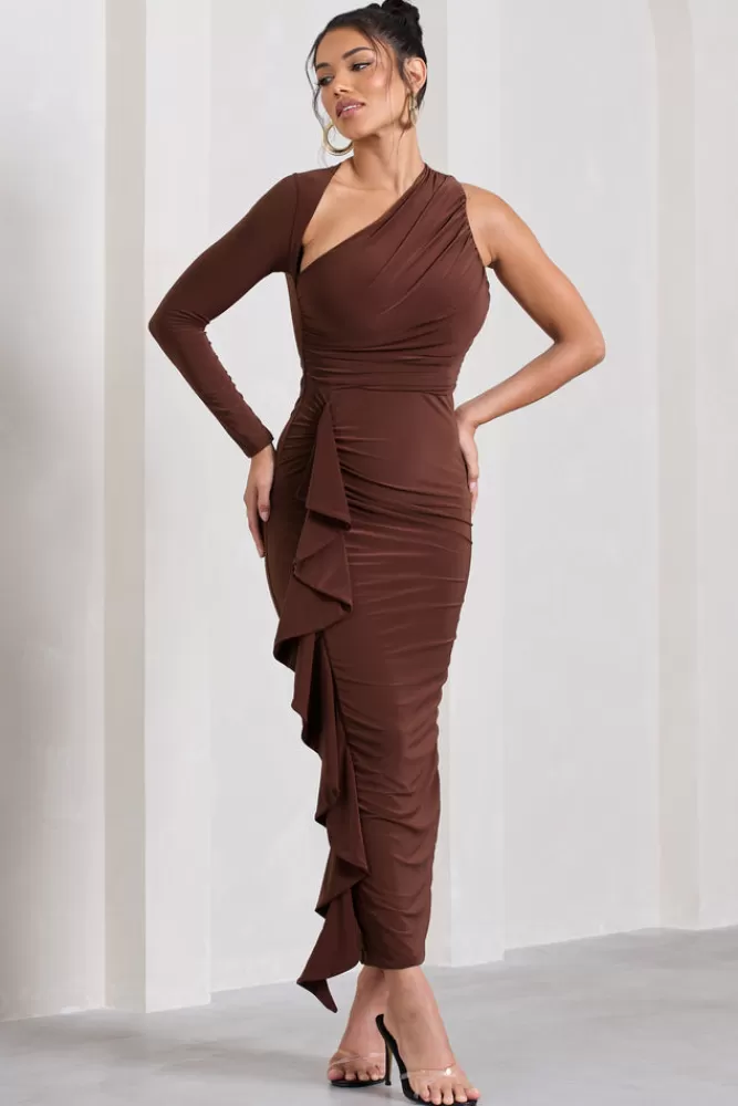 Club L London Compass | Brown One-Sleeved Cut-Out Maxi Dress With Ruffle MOCHA Shop