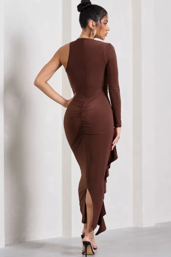 Club L London Compass | Brown One-Sleeved Cut-Out Maxi Dress With Ruffle MOCHA Shop