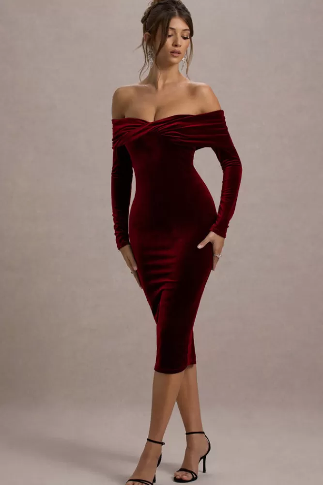 Club L London Compliment | Velvet Bardot Midi Dress berry Best Sale