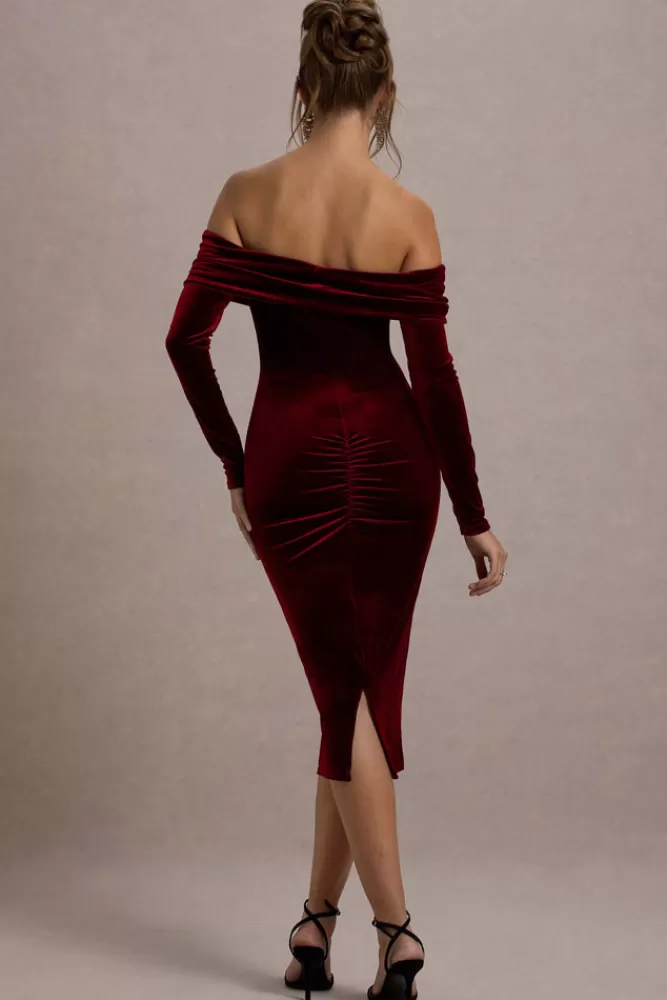 Club L London Compliment | Velvet Bardot Midi Dress berry Best Sale