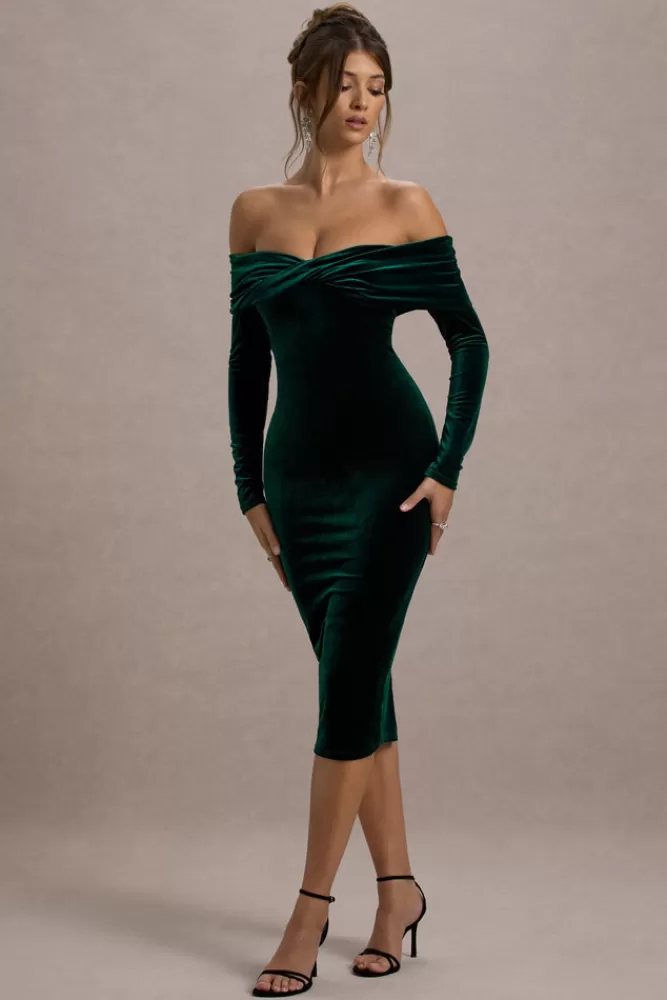 Club L London Compliment | Bottle Green Velvet Bardot Midi Dress BOTTLEGREEN Clearance