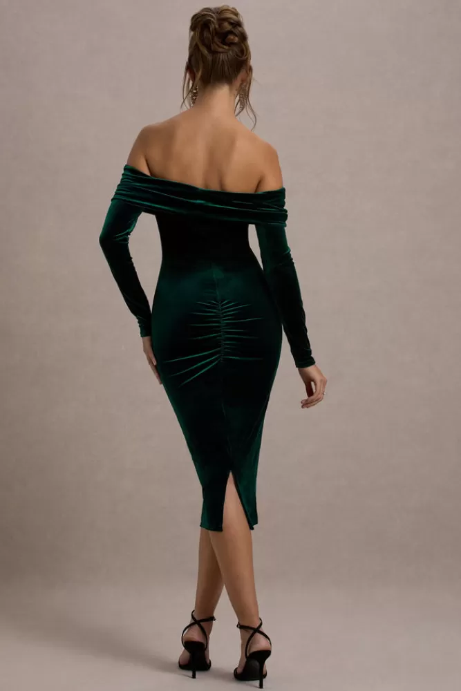 Club L London Compliment | Bottle Green Velvet Bardot Midi Dress BOTTLEGREEN Clearance