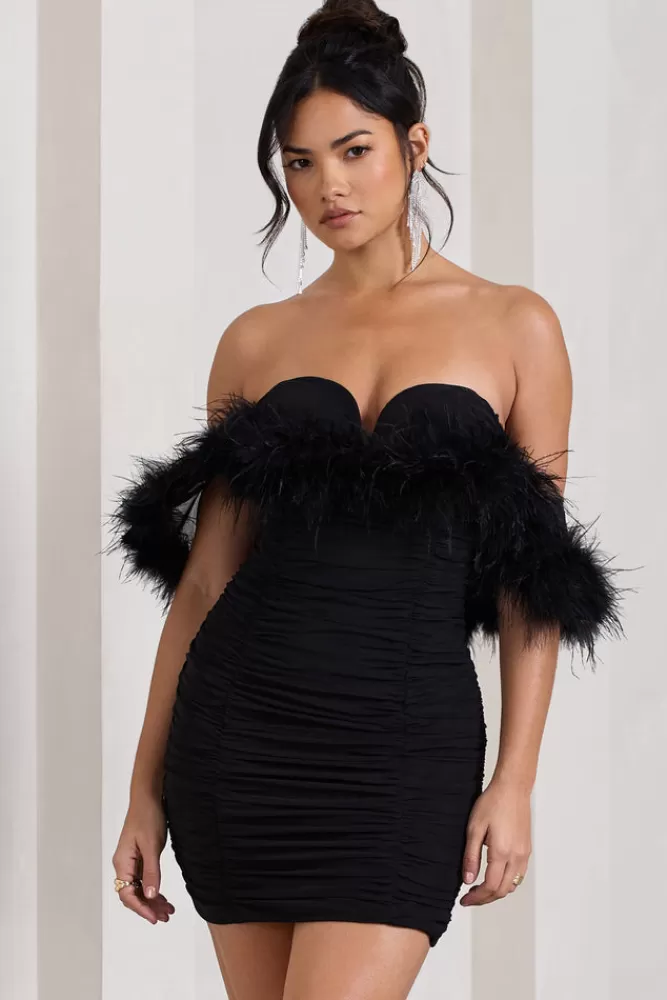 Club L London Confetti | Sweetheart Mini Dress With Chiffon Feather Sleeves BLACK Online