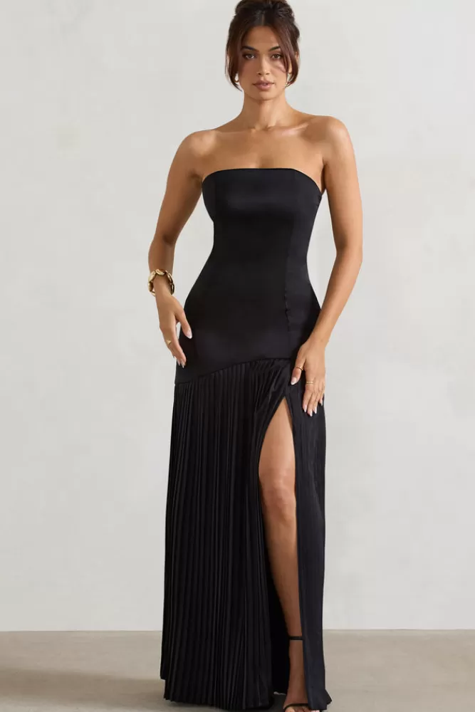 Club L London Confidence | Satin Bandeau Pleated Split Maxi Dress BLACK Hot