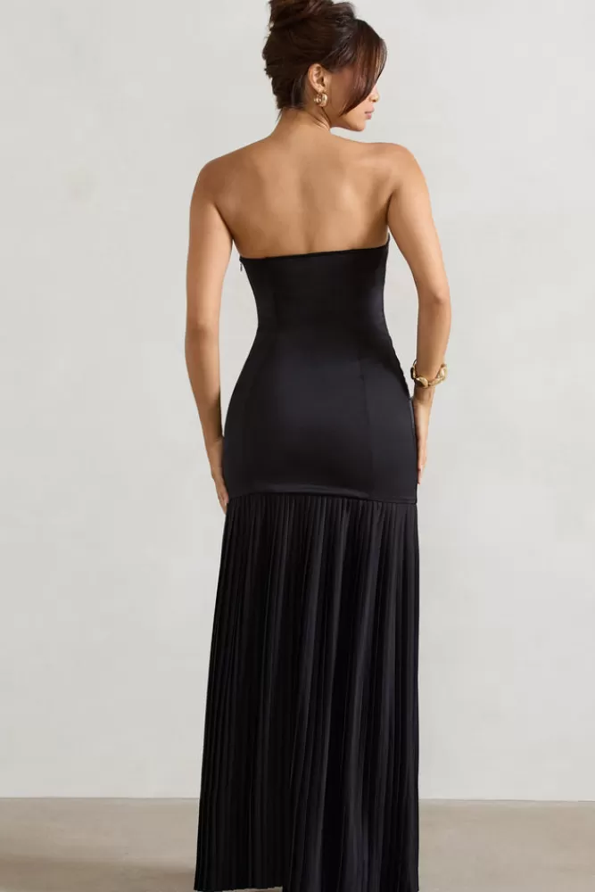 Club L London Confidence | Satin Bandeau Pleated Split Maxi Dress BLACK Hot