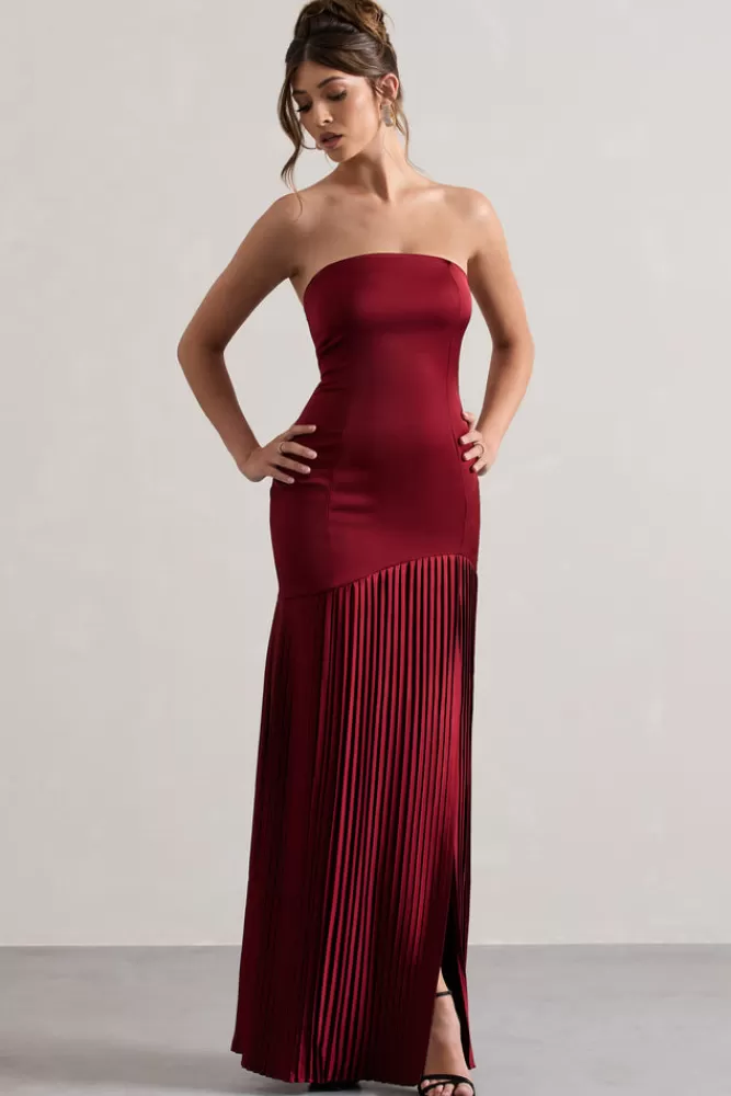 Club L London Confidence | Satin Bandeau Pleated Split Maxi Dress BURGUNDY Best Sale