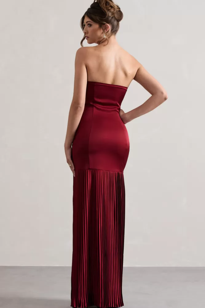 Club L London Confidence | Satin Bandeau Pleated Split Maxi Dress BURGUNDY Best Sale