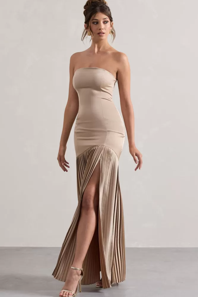 Club L London Confidence | Satin Bandeau Pleated Split Maxi Dress CHAMPAGNE Store