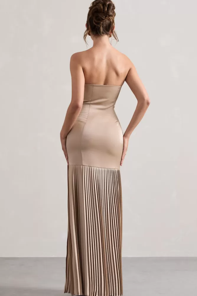 Club L London Confidence | Satin Bandeau Pleated Split Maxi Dress CHAMPAGNE Store