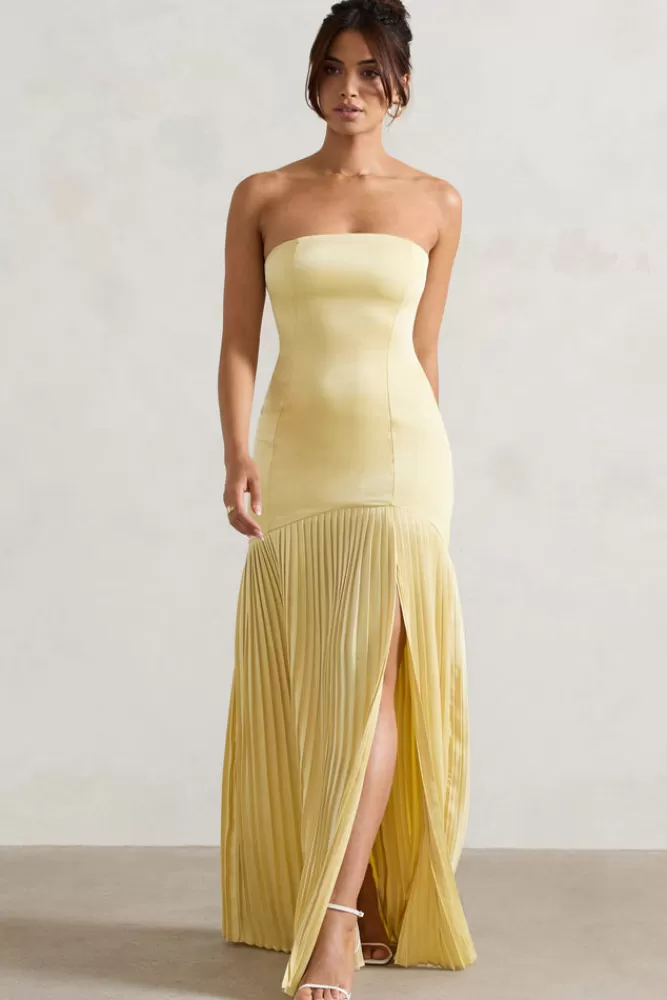 Club L London Confidence | Satin Bandeau Pleated Split Maxi Dress LEMON Sale