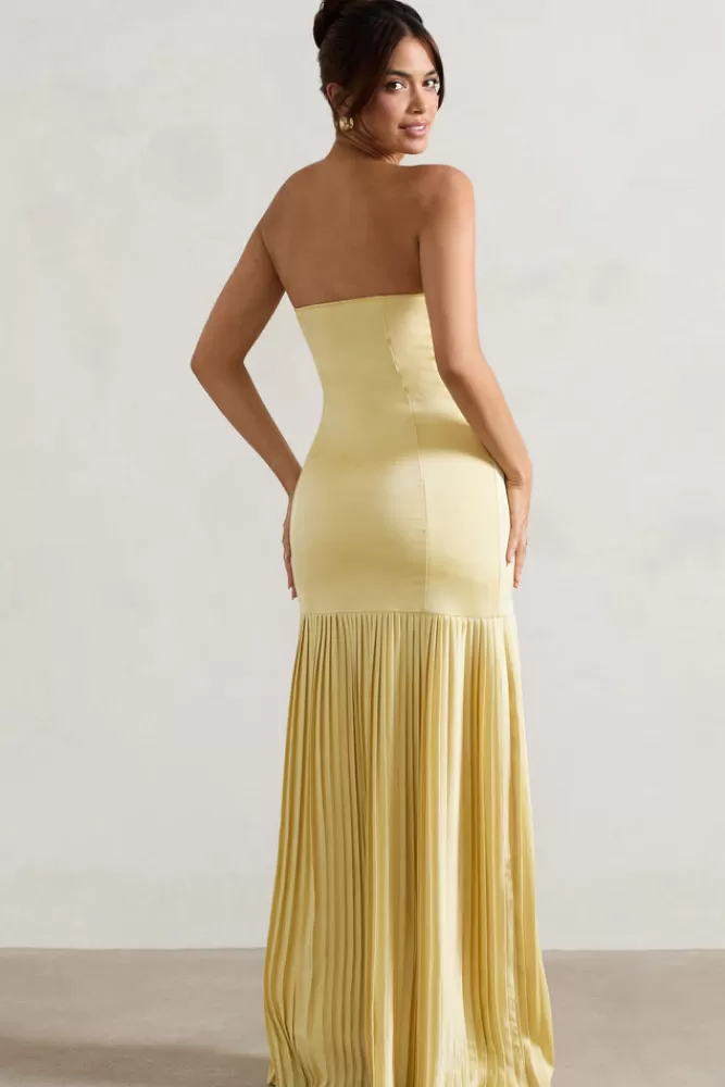 Club L London Confidence | Satin Bandeau Pleated Split Maxi Dress LEMON Sale