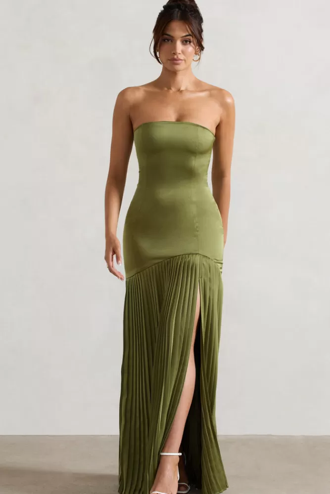 Club L London Confidence | Satin Bandeau Pleated Split Maxi Dress OLIVE Hot