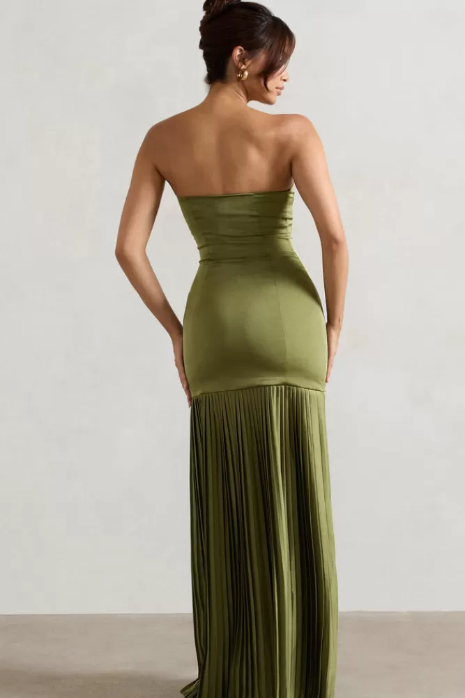 Club L London Confidence | Satin Bandeau Pleated Split Maxi Dress OLIVE Hot