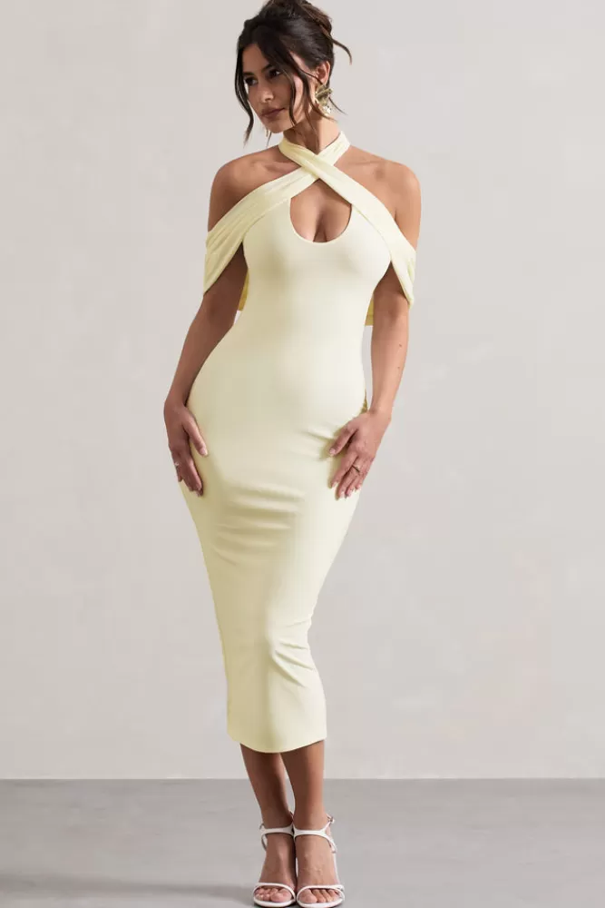 Club L London Connect | Cream Bodycon Halter-Neck Midi Dress With Cut-Out IVORY Clearance