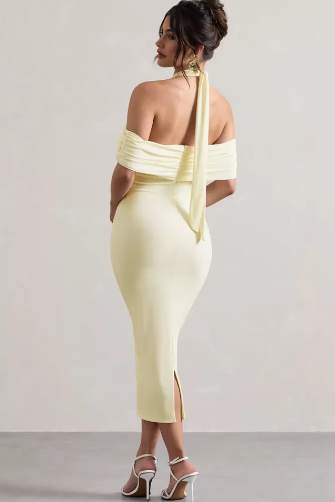 Club L London Connect | Cream Bodycon Halter-Neck Midi Dress With Cut-Out IVORY Clearance