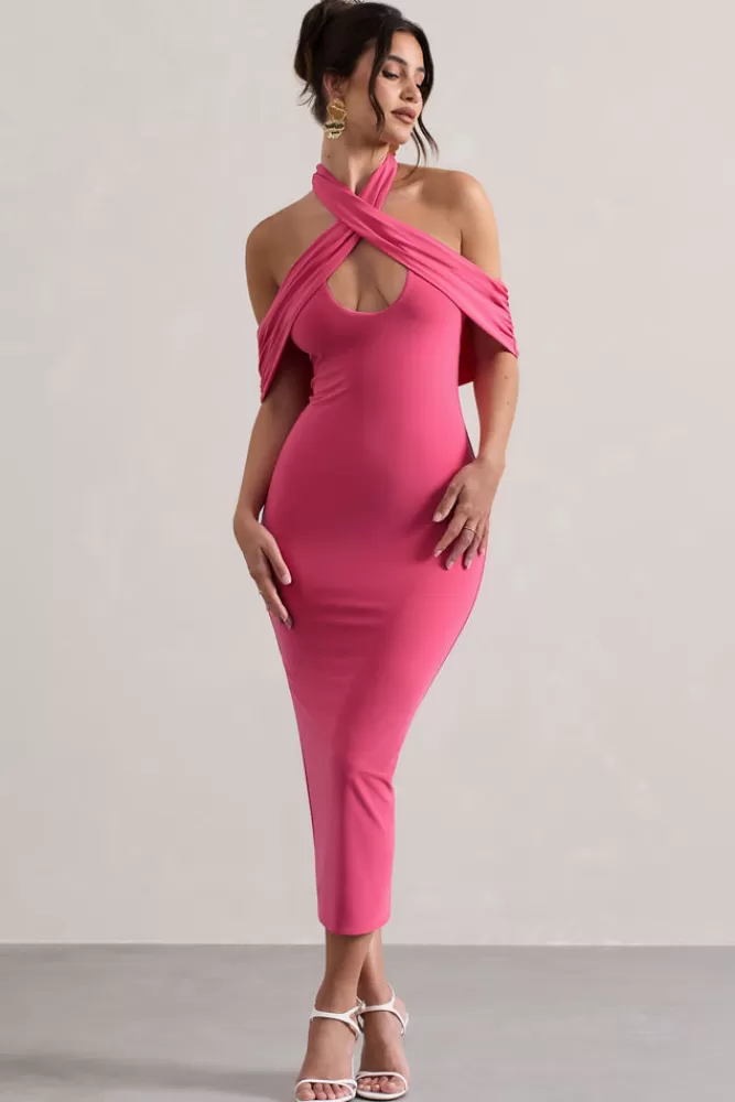 Club L London Connect | Pink Bodycon Halter-Neck Midi Dress With Cut-Out CORAL Shop