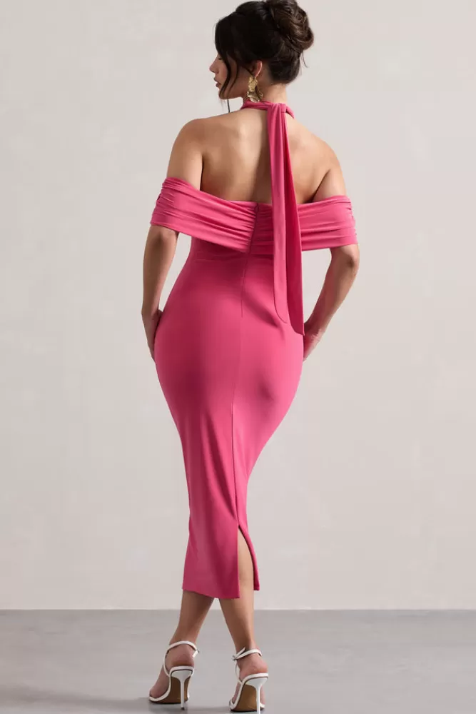 Club L London Connect | Pink Bodycon Halter-Neck Midi Dress With Cut-Out CORAL Shop