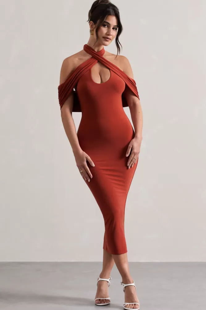 Club L London Connect | Bodycon Halter-Neck Midi Dress With Cut-Out TERRACOTTA Store