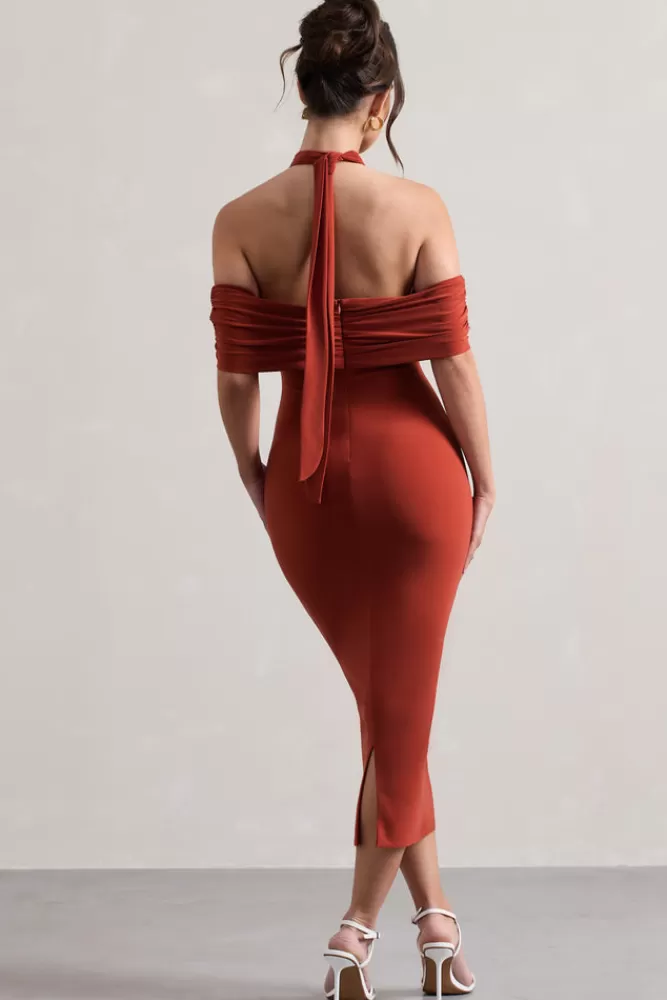 Club L London Connect | Bodycon Halter-Neck Midi Dress With Cut-Out TERRACOTTA Store