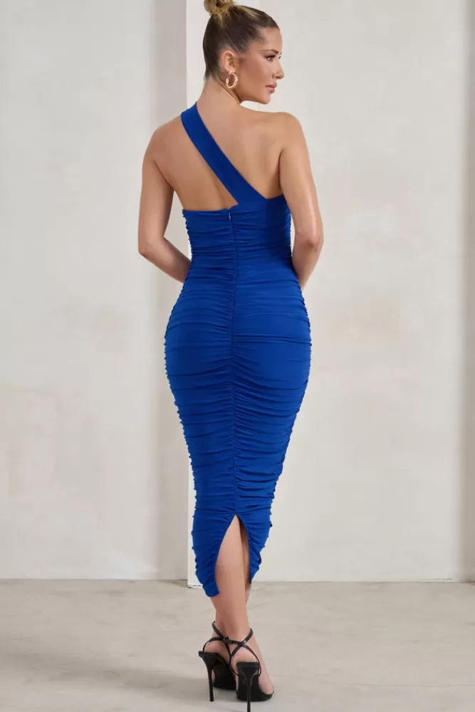 Club L London Connie | Cobalt Blue Ruched Asymmetric Neckline Midi Dress INTENSECOBALT Best