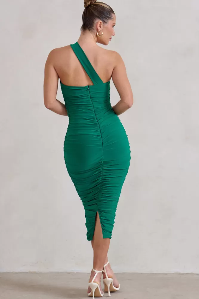 Club L London Connie | Green Ruched Asymmetric Neckline Midi Dress EMERALD Online