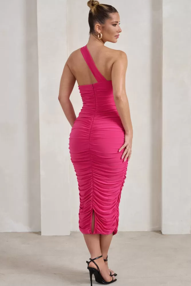 Club L London Connie | Hot Pink Ruched Asymmetric Neckline Midi Dress BUBBLEGUMPINK Fashion