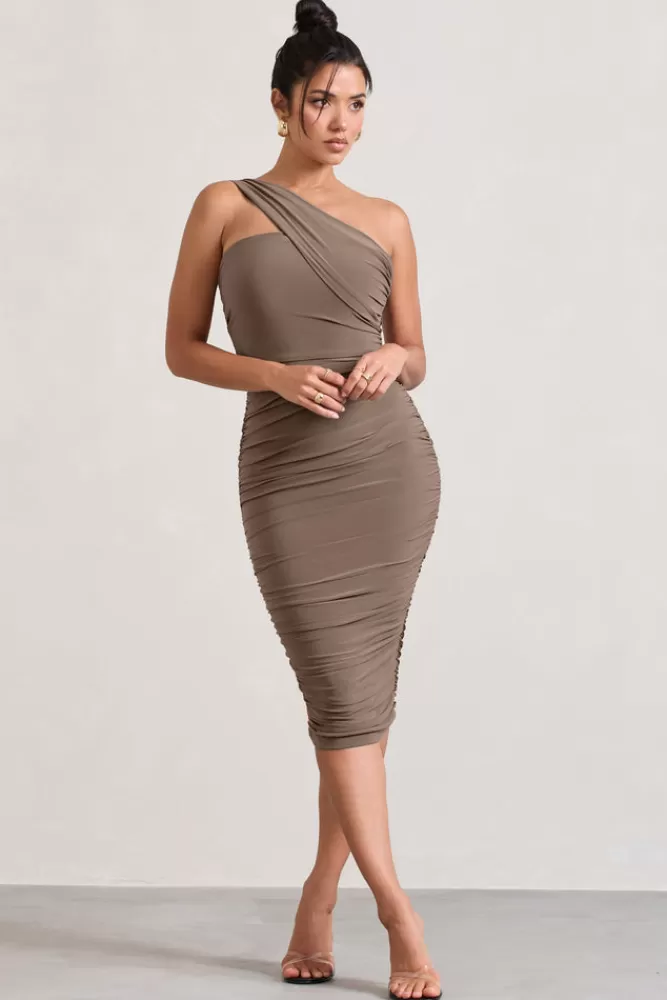 Club L London Contour | One Shoulder Bodycon Midi Dress MOCHA Flash Sale