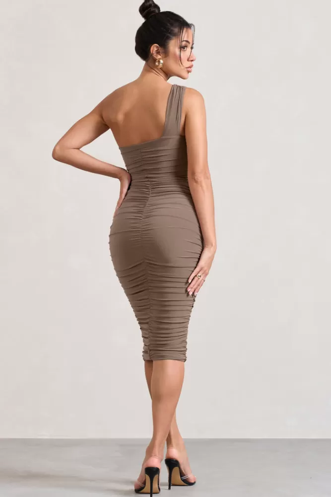 Club L London Contour | One Shoulder Bodycon Midi Dress MOCHA Flash Sale