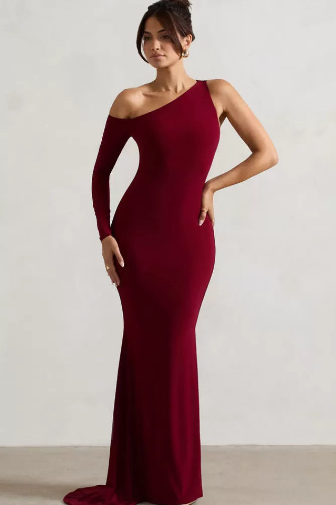 Club L London Contradiction | One-Sleeve Asymmetric Maxi Dress PORT Hot