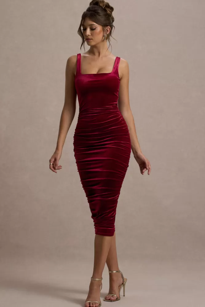 Club L London Cora | Velvet Square-Neck Bodycon Midi Dress BERRY Flash Sale