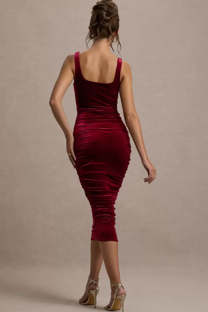 Club L London Cora | Velvet Square-Neck Bodycon Midi Dress BERRY Flash Sale