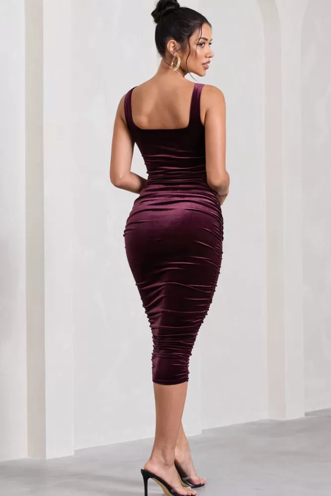 Club L London Cora | Velvet Square Neck Bodycon Midi Dress PORT Best
