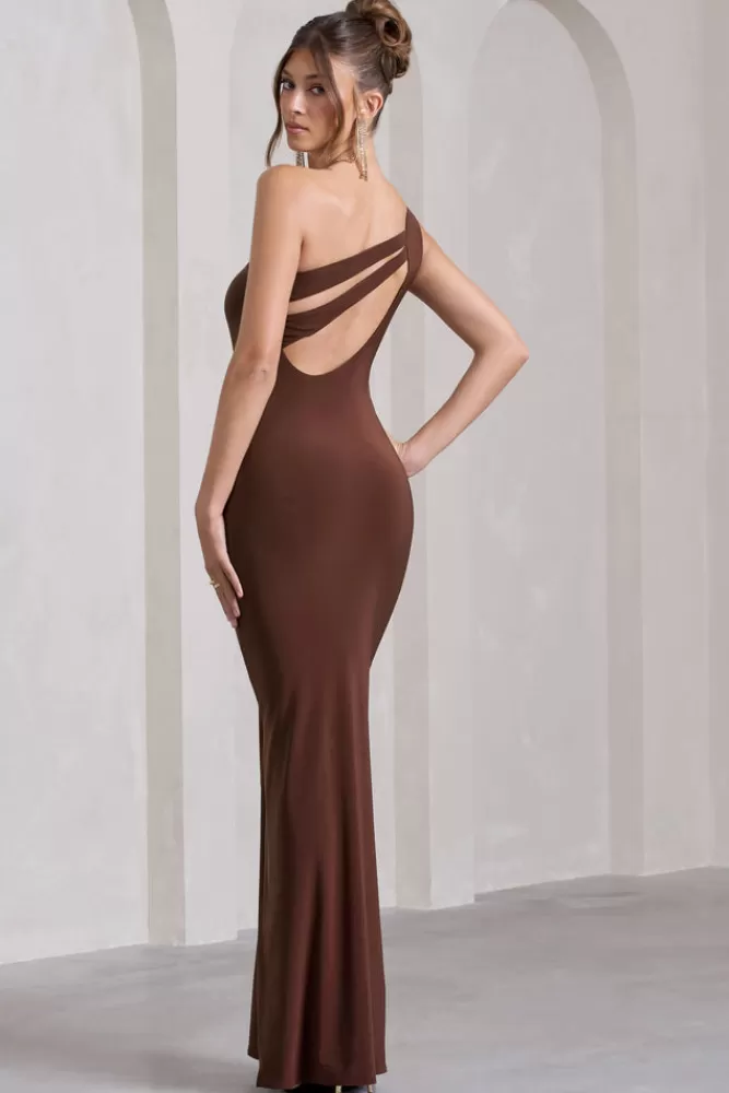 Club L London Coralina | Chocolate Brown One Shoulder Open-Back Split Maxi Dress CHOCOLATEDRIZZLE Outlet