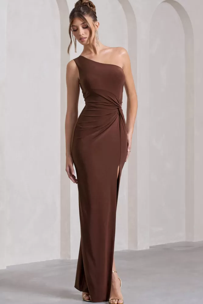 Club L London Coralina | Chocolate Brown One Shoulder Open-Back Split Maxi Dress CHOCOLATEDRIZZLE Outlet