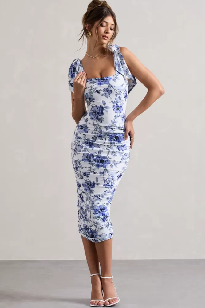 Club L London Cordelia | Floral Print Bodycon Midi Dress With Bow Straps FLORALPRINT Discount
