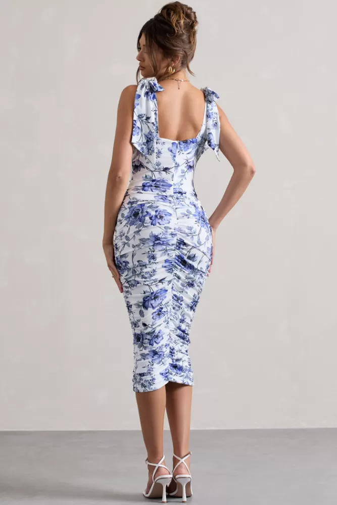 Club L London Cordelia | Floral Print Bodycon Midi Dress With Bow Straps FLORALPRINT Discount