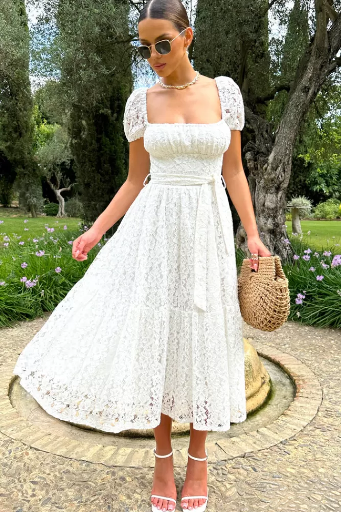 Club L London Corfu | Lace Puff-Sleeve Belted Midi Dress WHITE Online