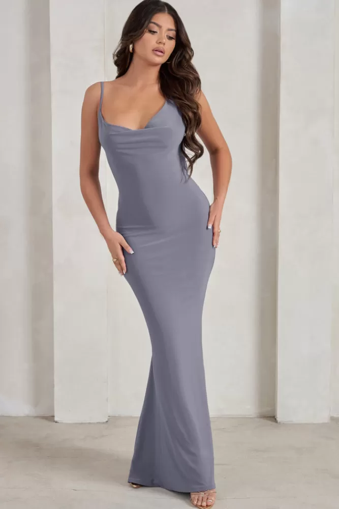 Club L London Corinne | Asymmetric Cowl Neck Backless Maxi Dress GREY Flash Sale