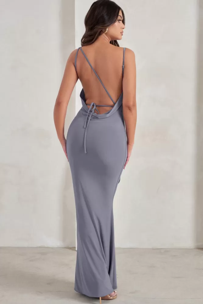 Club L London Corinne | Asymmetric Cowl Neck Backless Maxi Dress GREY Flash Sale