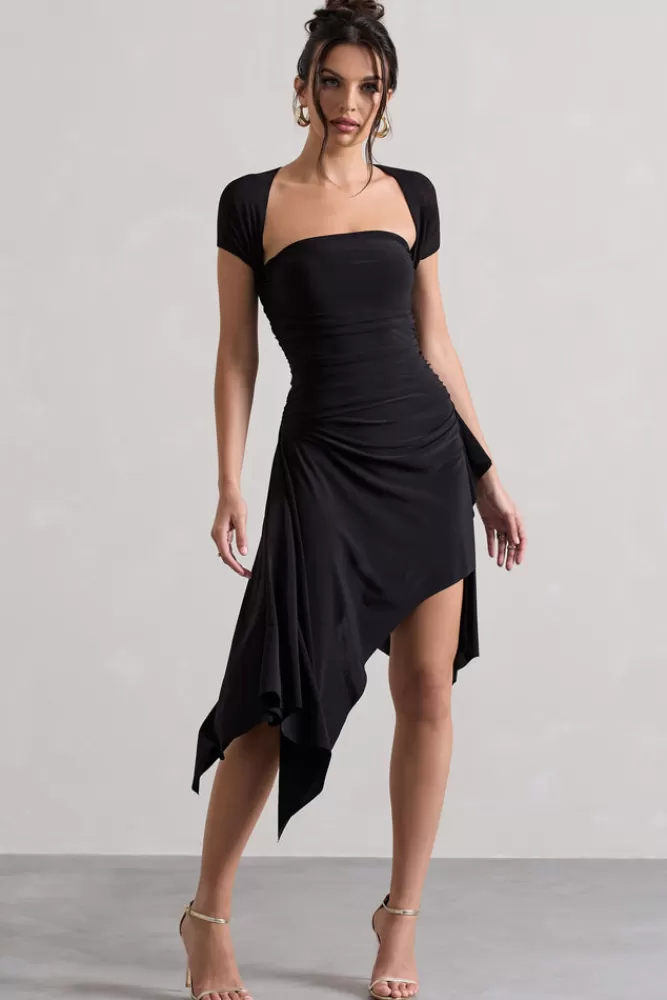 Club L London Corsica | Gathered Mesh Long-Sleeve Draped Mini Dress BLACK Fashion