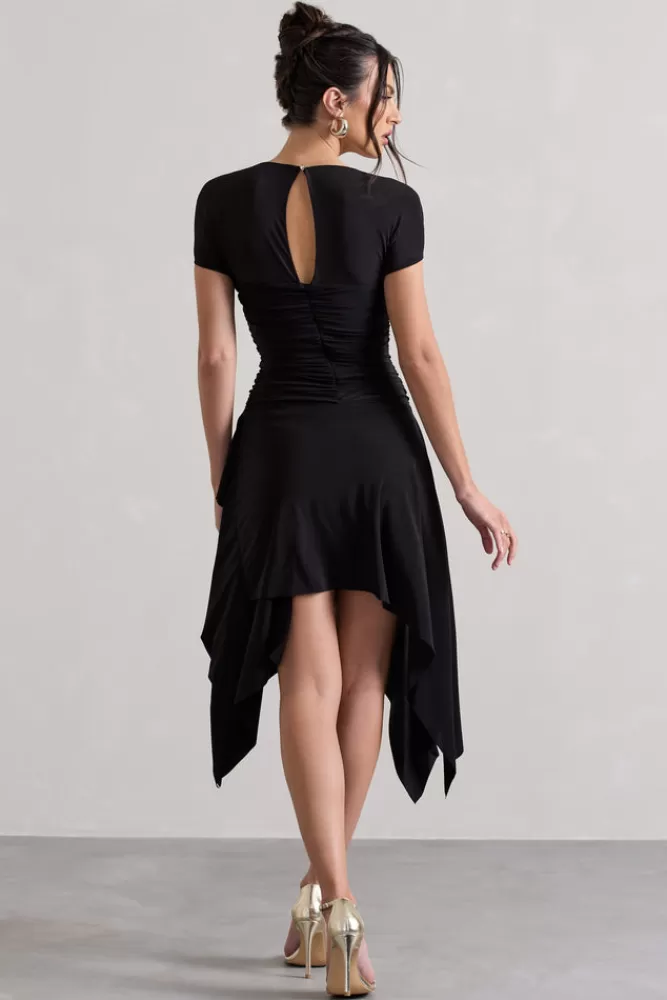 Club L London Corsica | Gathered Mesh Long-Sleeve Draped Mini Dress BLACK Fashion