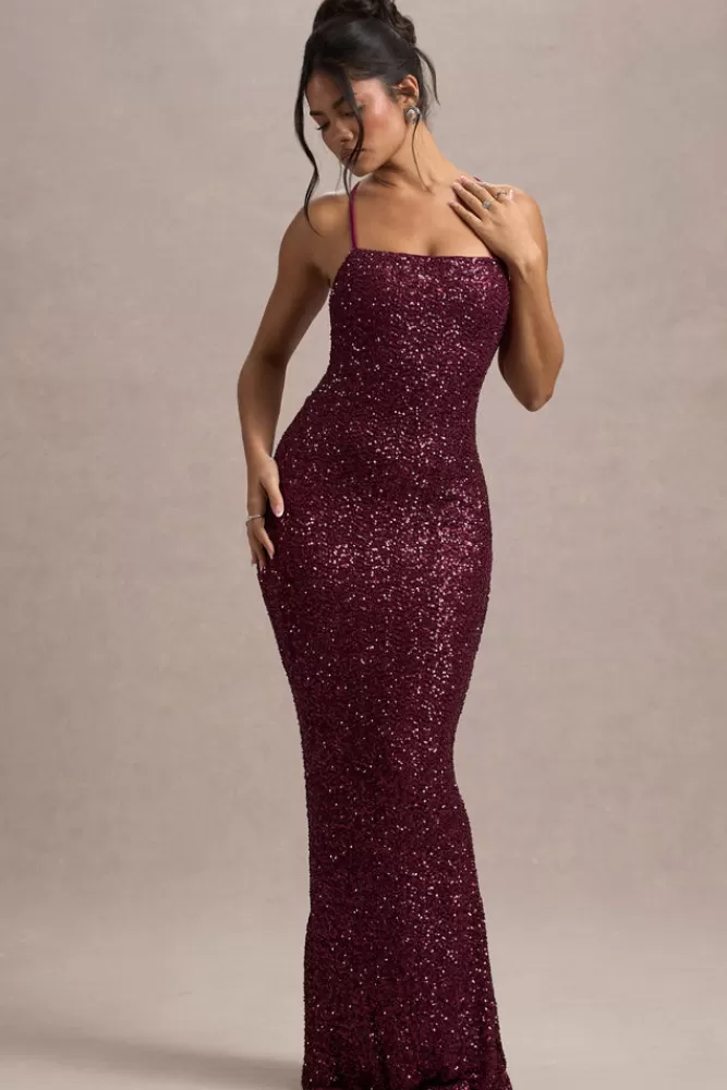 Club L London Cosmic | Sequin Square-Neck Strappy Maxi Dress BERRY Best