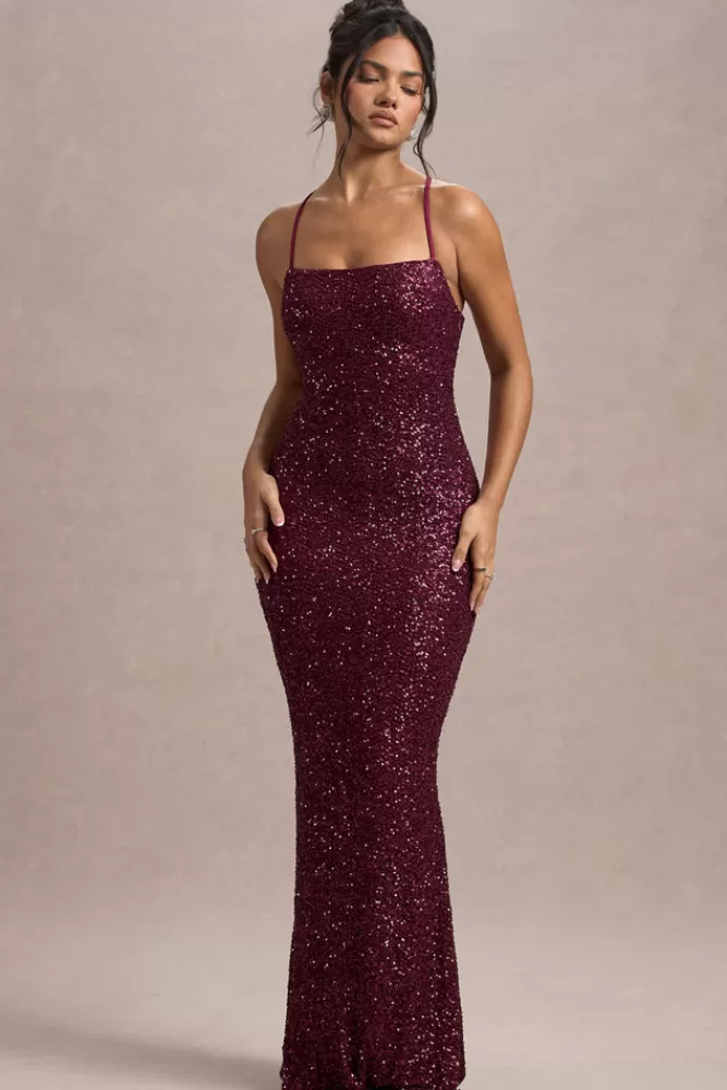 Club L London Cosmic | Sequin Square-Neck Strappy Maxi Dress BERRY Best