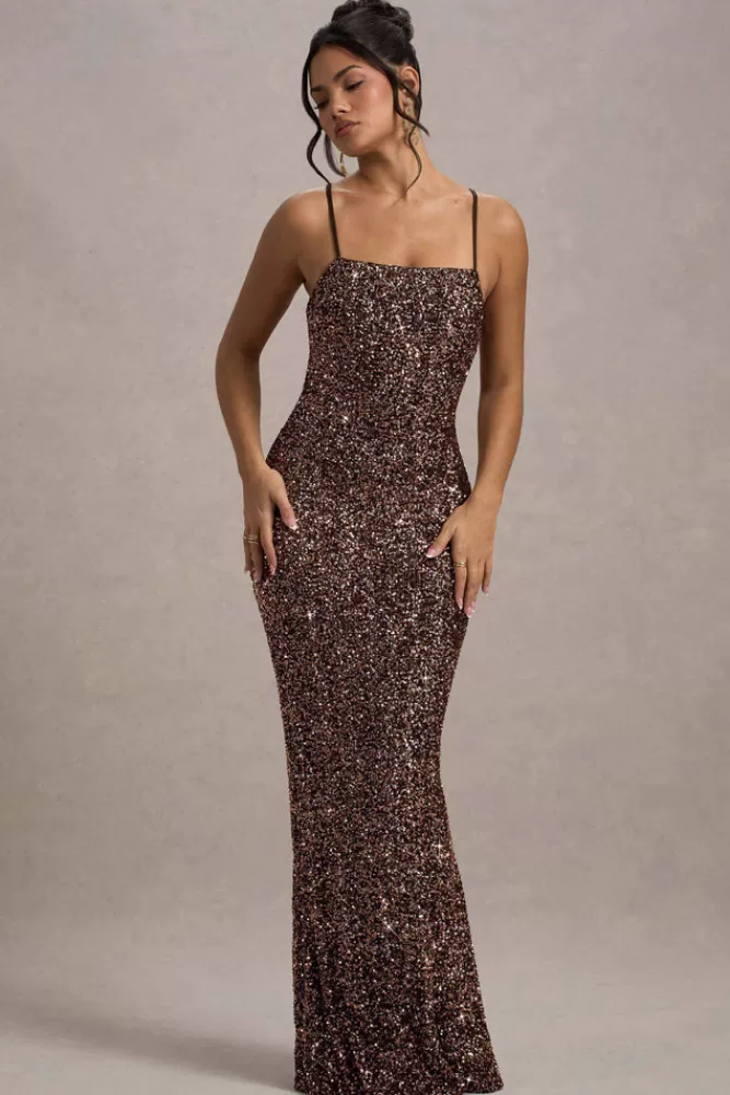 Club L London Cosmic | Sequin Square-Neck Strappy Maxi Dress BRONZE Clearance