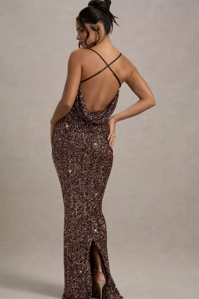 Club L London Cosmic | Sequin Square-Neck Strappy Maxi Dress BRONZE Clearance