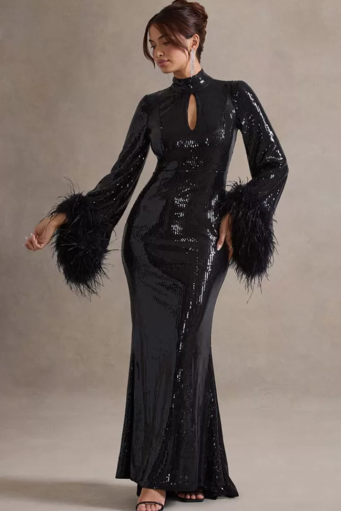 Club L London Cosmic Star | Sequin High-Neck Maxi Dress With Feather Cuffs BLACK Sale
