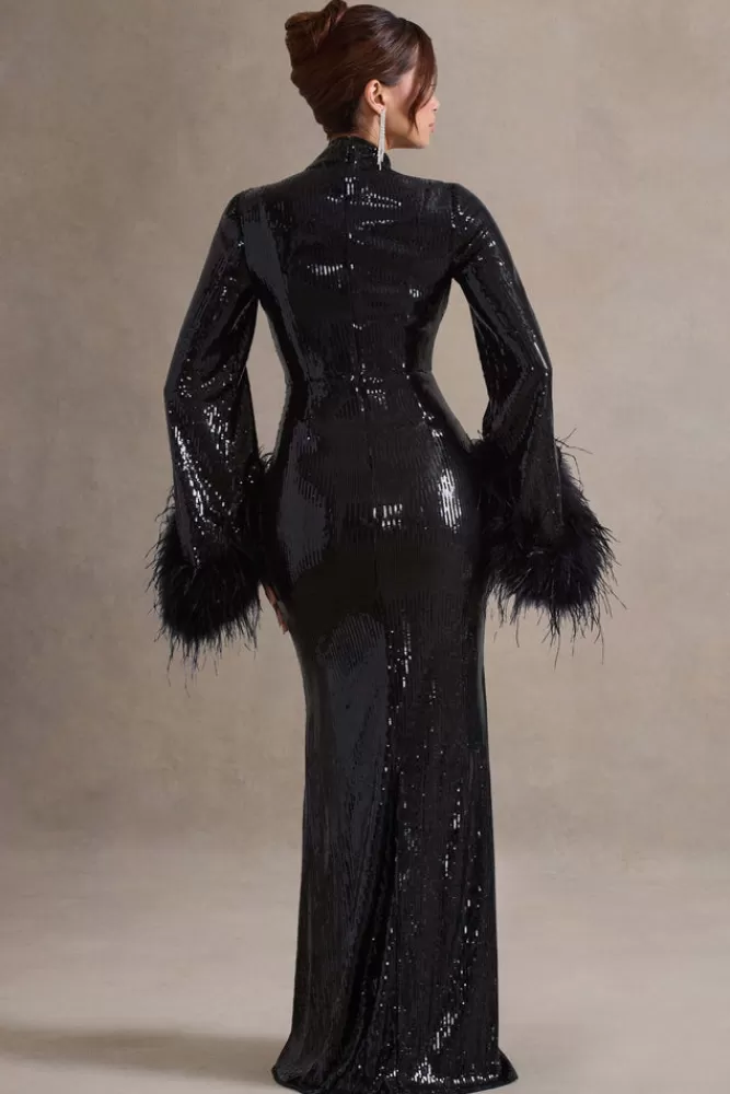 Club L London Cosmic Star | Sequin High-Neck Maxi Dress With Feather Cuffs BLACK Sale