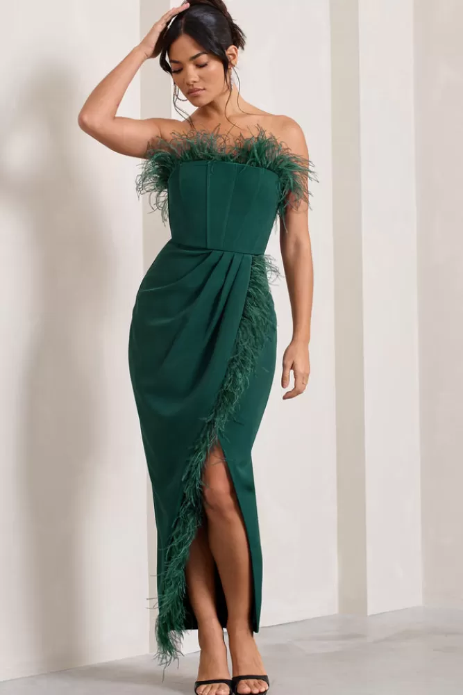 Club L London Cosmo | Bottle Green Bandeau Feather Corset Split Maxi Dress BOTTLEGREEN Hot