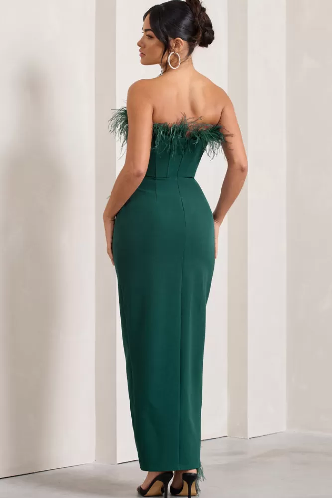 Club L London Cosmo | Bottle Green Bandeau Feather Corset Split Maxi Dress BOTTLEGREEN Hot
